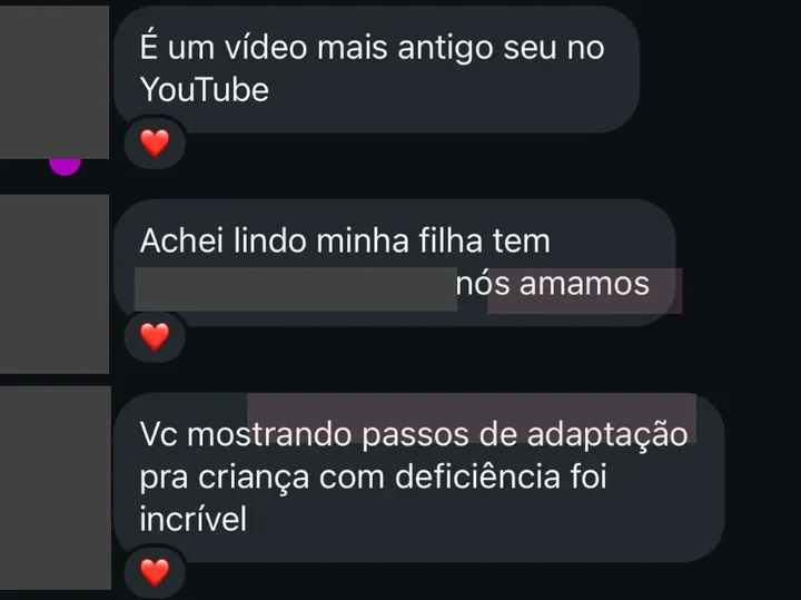 Print anonimizado: Vc mostrando passos de adaptação para criança com deficiência foi incrível